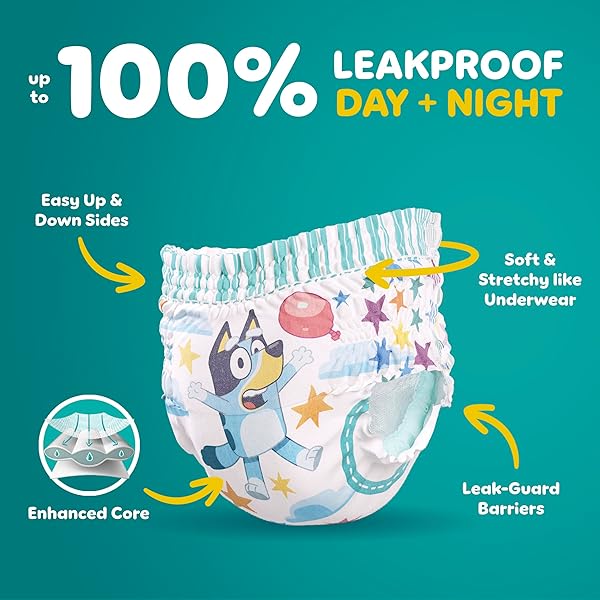 PAMPERS EASY UPS GIRLS & BOYS POTTY TRAINING PANTS, SIZE 6T-7T, 40 COUNT, BLUEY ABSORBENT TRAINING UNDERWEAR, UP TO 100% LEAKPROOF DAY AND NIGHT, HYPOALLERGENIC (PACKAGING MAY VARY)