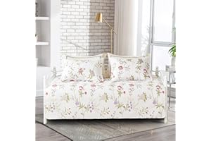 Jarson 3 Piece Floral Daybed Cover Set Twin Beige Flower Quilted Daybed Bedding Sets Double Side Cozy Sofa Daybed Cover with 2 Shams