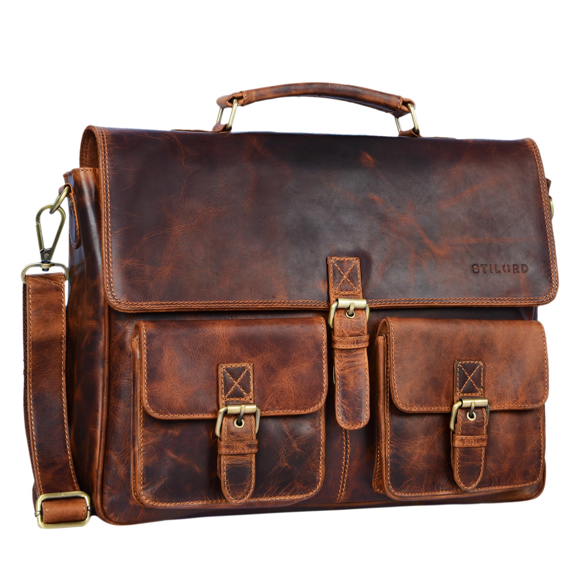 STILORD "Victor" Vintage Briefcase Men Leather Modern Business Bag XL for A4 Folder 15.6 inches Laptops College Bag in Genuine Leather Colour:Kara - Cognac
