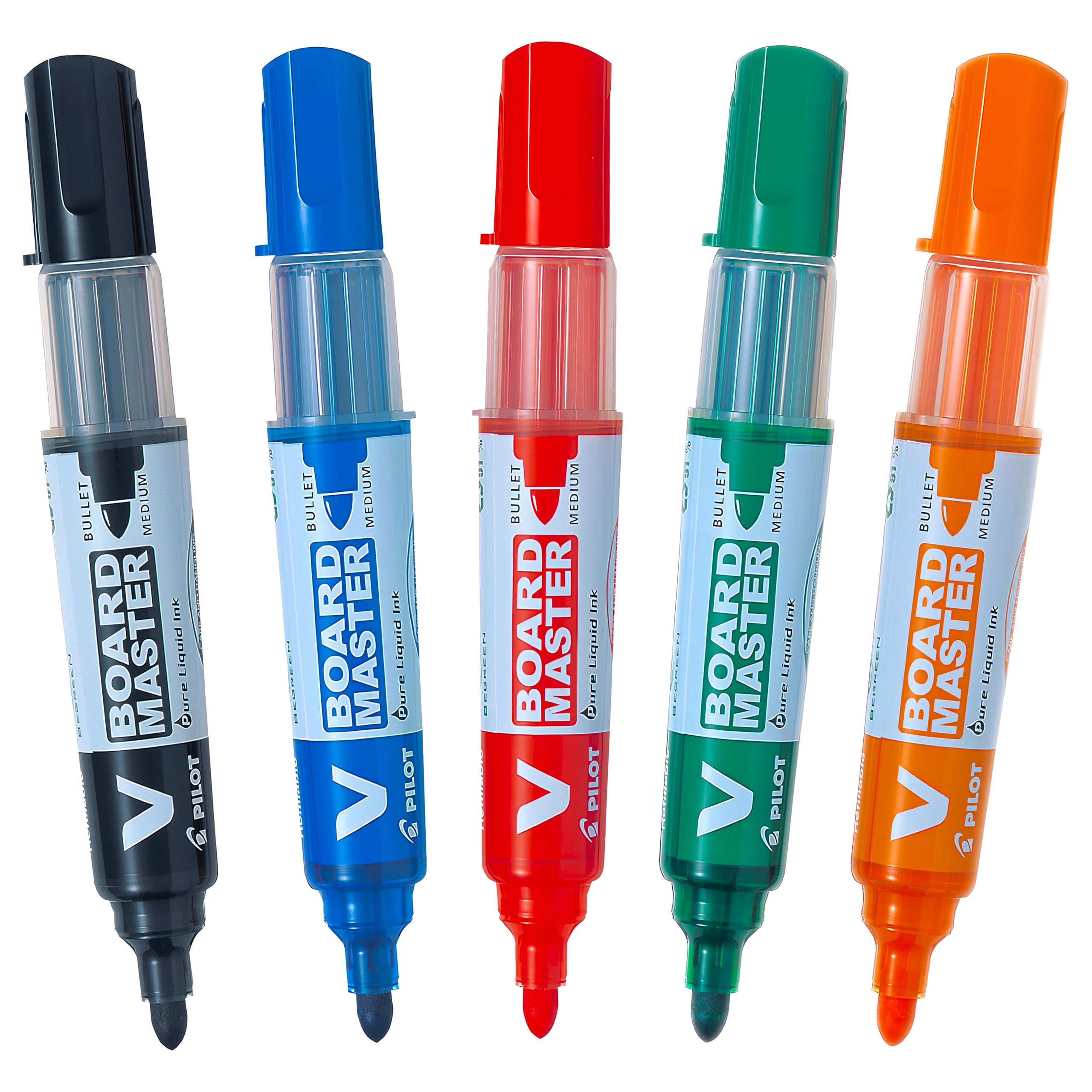 Pilot Begreen Recycled V Board Master Whiteboard Marker Bullet 6.0 mm Tip - Black/Red/Blue/Green/Orange, Wallet of 5