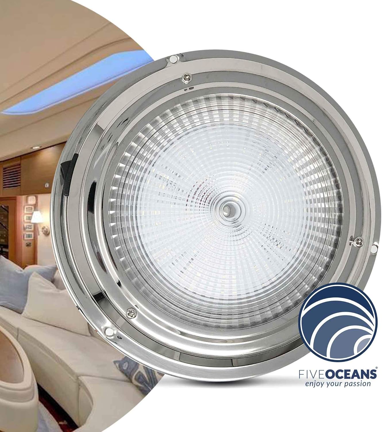 Five Oceans Marine, Boat, RV, Motorhome, Camper, Caravan, Trailer, Cool White LED Dome Light with ON-Off Switch, Polished Stainless Steel, 20 LED Pieces, FO-2625 : Boating Interior Lights : Sports & Outdoors
