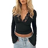 CSDAJIO Women's Lace Deep V Neck Long Sleeve Low Cut Crop Top Slim Fitted T Shirt Fall Going Out Shirts