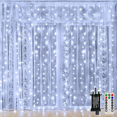 Ollny Curtain Fairy Lights 300LED 3x3m Waterfall Mains Powered Remote 8 Modes