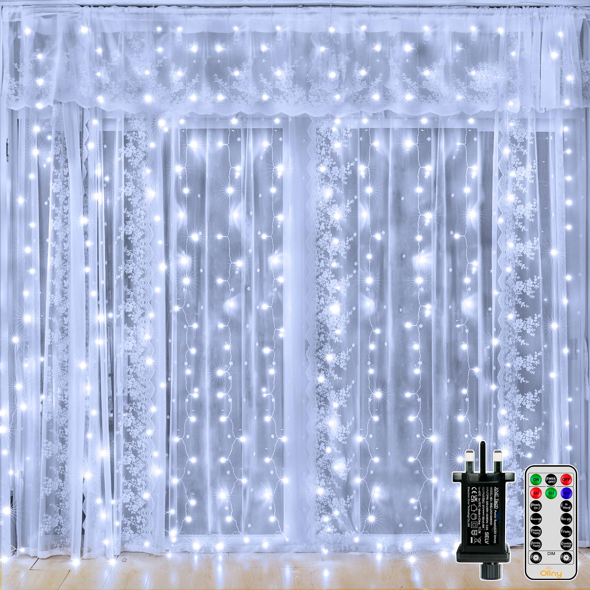 Ollny Curtain Fairy Lights, 300LED 3mx3m Waterfall Hanging String Lights Mains Powered, Waterproof Window Light with Plug/8 Modes/Remote/Timer for Bedroom/Wall/Outdoor/Wedding/Garden/Party,Cool White