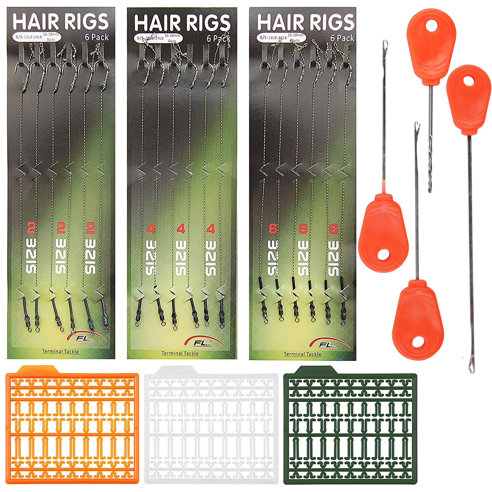 Carp Fishing Hair Rigs 18pcs Wide Gape Barbed Carp Hook Anti-Tangle Swivel Braided Thread line with 3 Cards Boilie Bait Stops Dumbell Stoppers and 4pcs Bait Stringer Needle Tool Kit