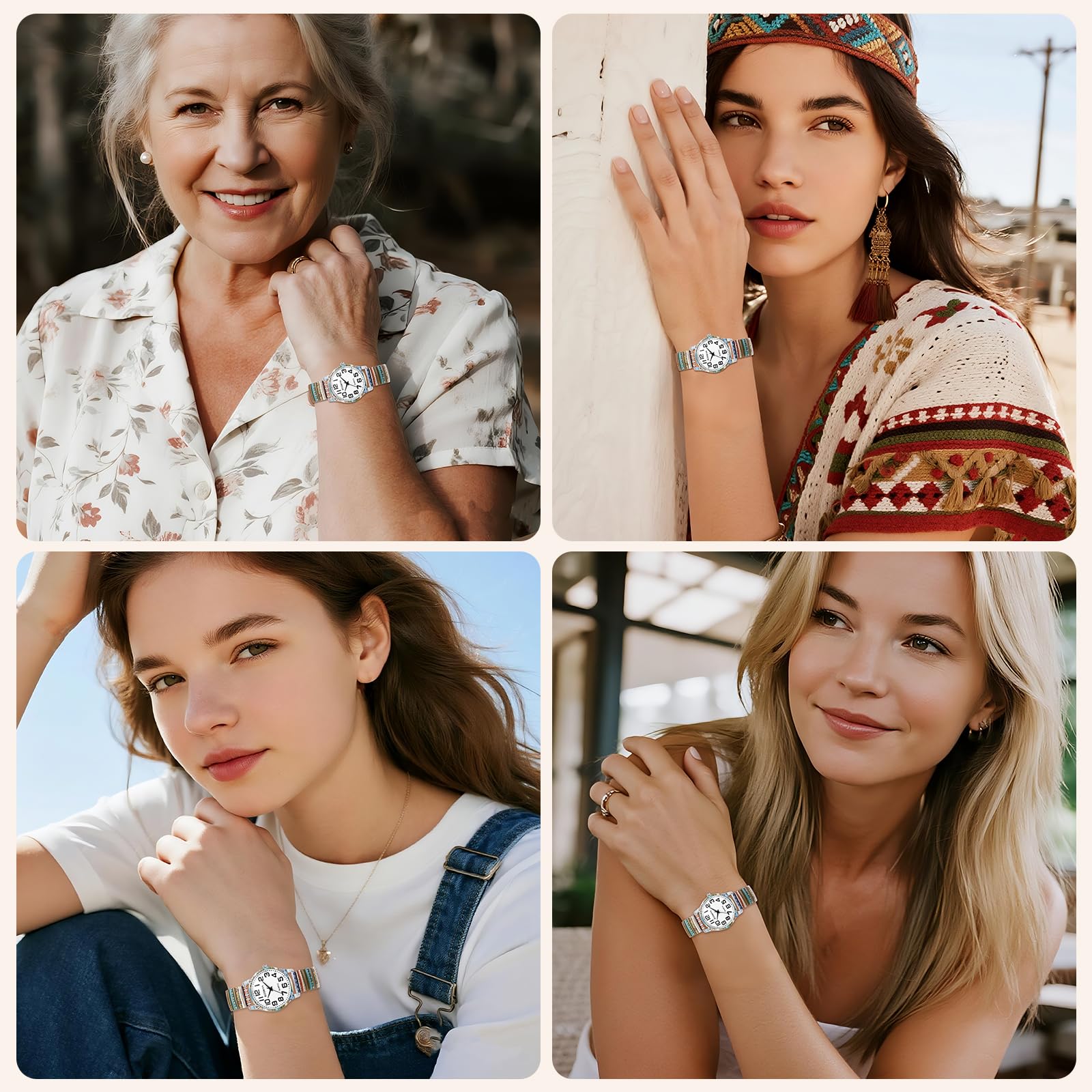OIDEA Stretch Band Watches for Women: Bohemia Flower Easy Reader Elastic Band Watch Large Face Big Number Analog Quartz Bracelet Watch Expansion Band Wristwatch