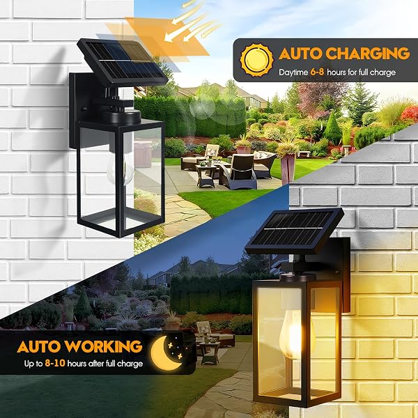 HAMESO 2PACK SOLAR WALL LIGHTS OUTDOOR, ALL-METAL DUSK TO DAWN SOLAR LANTERNS OUTDOOR WATERPROOF, PORCH LIGHTS FOR HOUSE FRONT, GARAGE, PATIO, SHED (BULB INCLUDED)