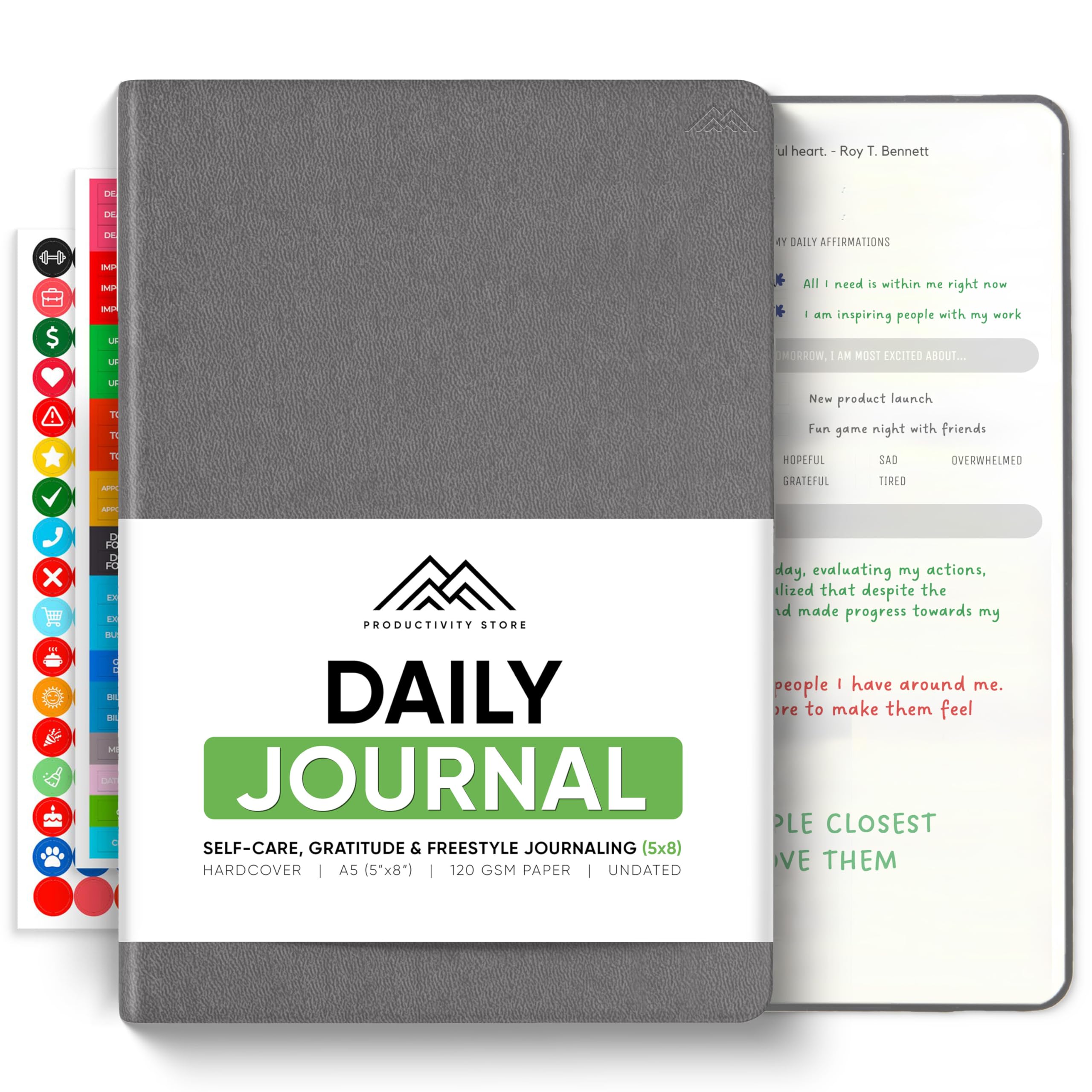 Journal For Men & Women - Gratitude Journal, Self Care & Mental Health Journal For Women & Men - A5 - Grey - Productivity Store