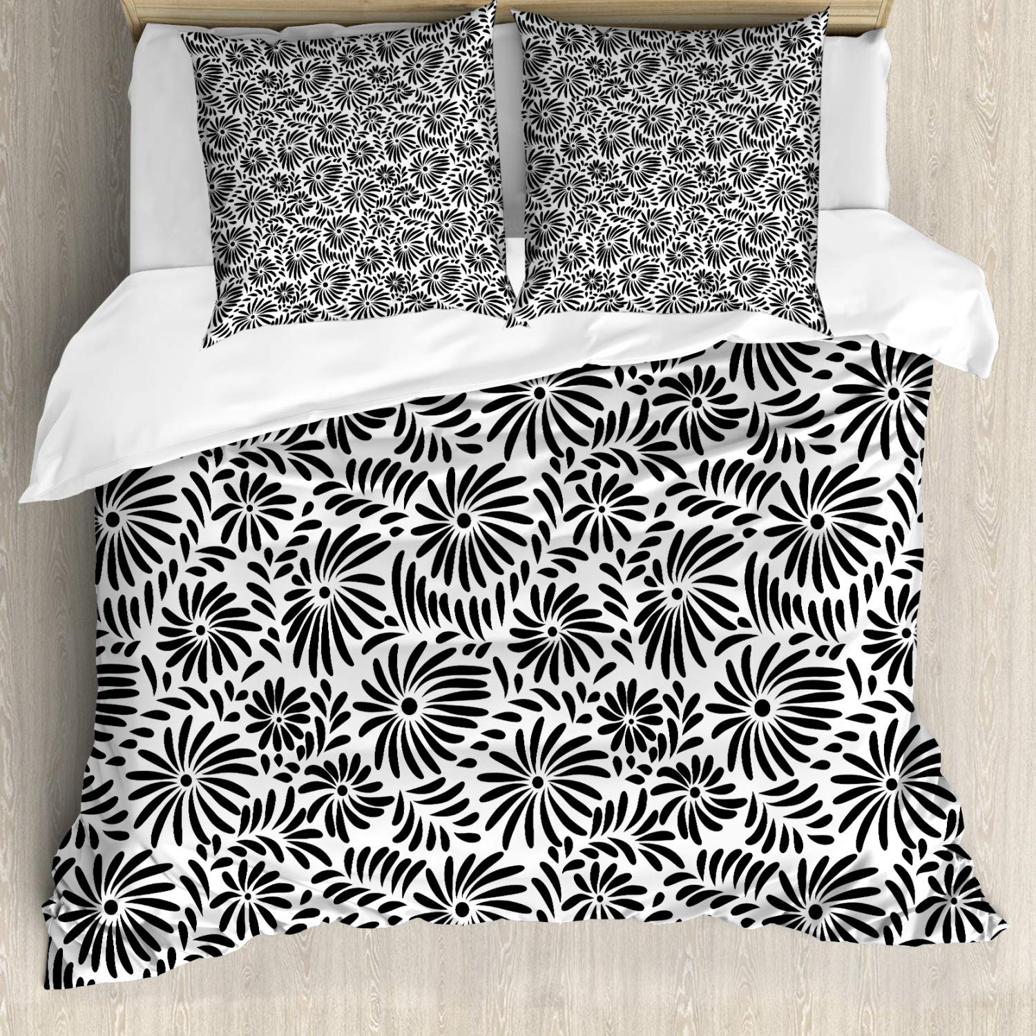 ABAKUHAUS Black and White Duvet Cover Set, Simple Floral Motifs Tropical Island Vegetation in Monochrome Doodle Style, Bedding Set 3 Pieces with 2 Pillow Shams, 200 cm x 200 cm, Black-And-White