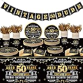 183 Pcs Vintage 50th Party Tableware Set, Black Gold Vintage Happy 50 Birthday Tablecloth 24 Guests Dinner Plates Dessert Plate Cup and Napkins for Men Cheers 50th Theme Birthday Party Supplies