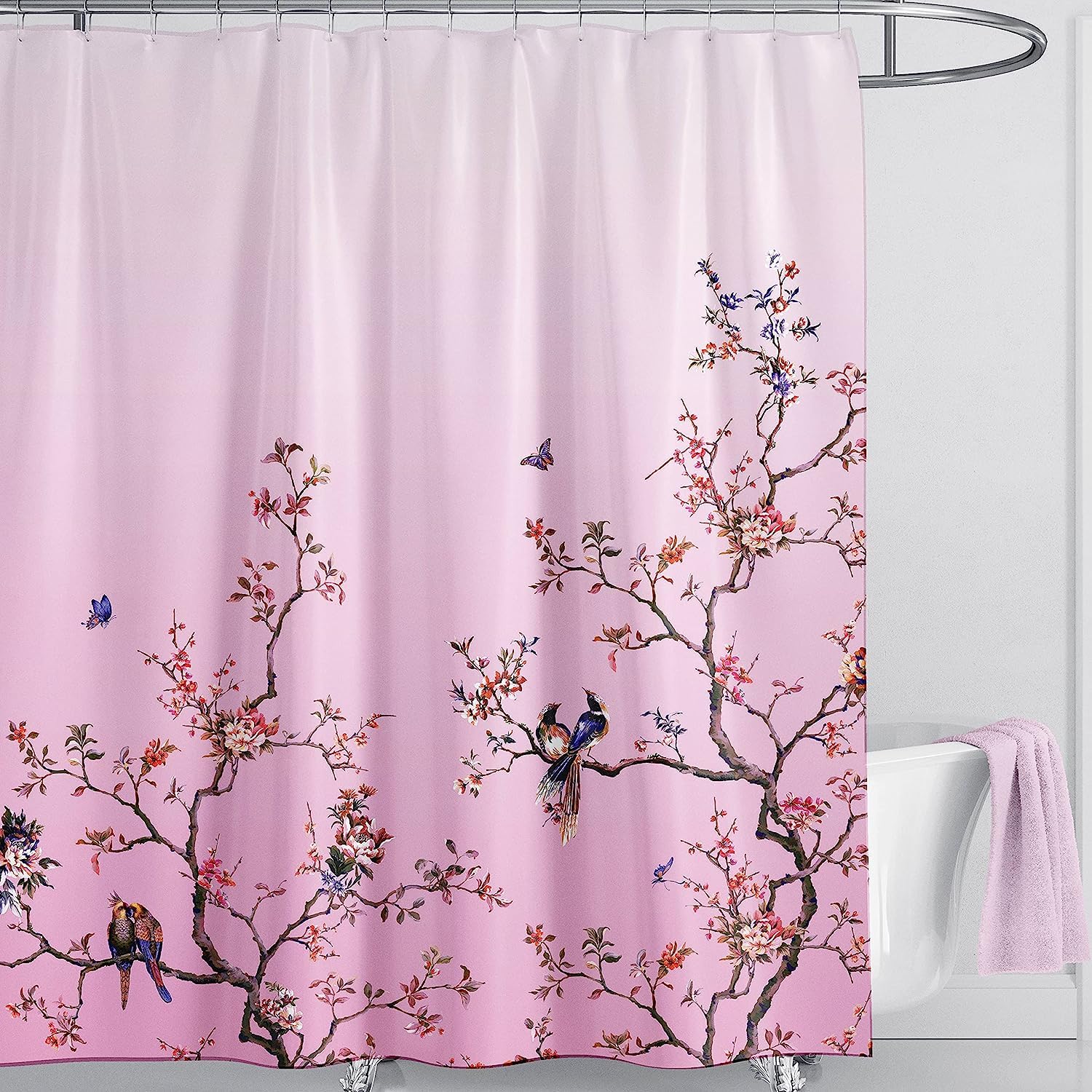 LIVETTY Pink Bird Floral Shower Curtain 180cm × 200cm Mould Proof Butterfly Fabric Bathroom curtain For Women & Men With 12 Hooks Washable Quick-Drying Curtains