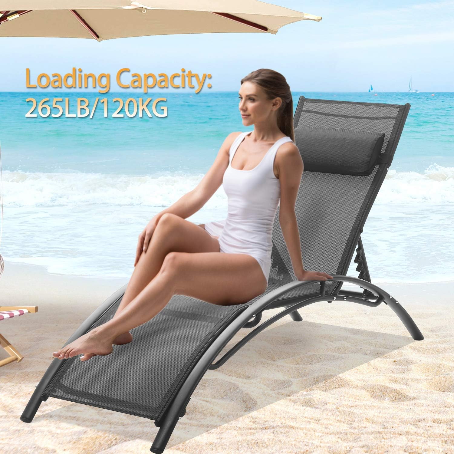 Patio Lounge Chairs Outdoor Pool Chaise Lounges Adjustable for All Weather for Beach Backyard（2-Pack Black: Kitchen & Dining