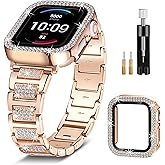 Metal Strap for Apple Watch Bands 40mm for Women with Protector Case, Rose Gold Bling Crystal Bracelet for iWatch Band Series 6 5 4 SE SE2 SE3, Diamond Jewelry Replacement for iPhone Wristband Slim