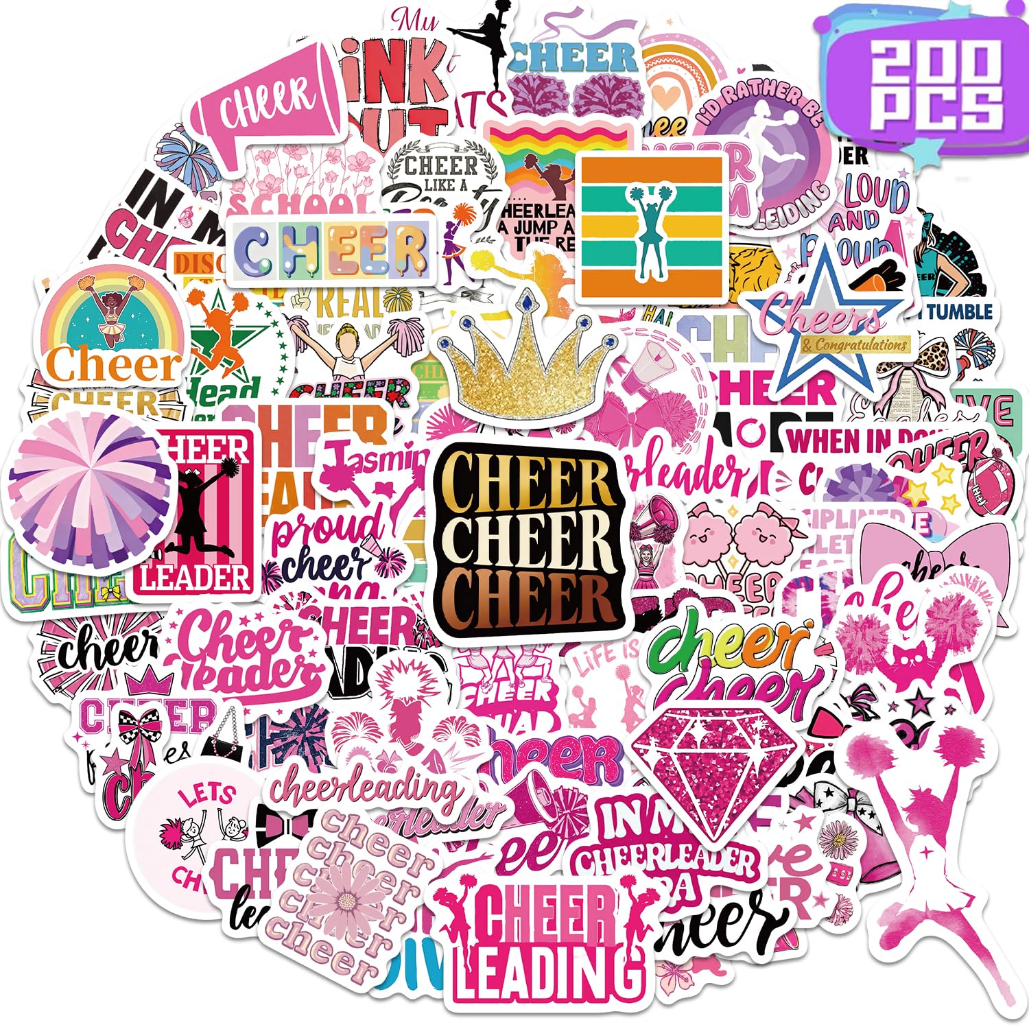 Photo 1 of 200PCS Cheer Stickers, Vinyl Cheerleading Stickers for Laptop Cheer Stuff Water Bottles Pink Cheerleaders Gifts for Girls Cheer Lover Team School Teens