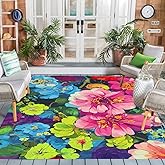 Blue Green Art Deco Floral Flower Pattern Modern Outdoor Rug 5x7 Waterproof Washable Boho Patio Deck Porch Large Area Rug Non