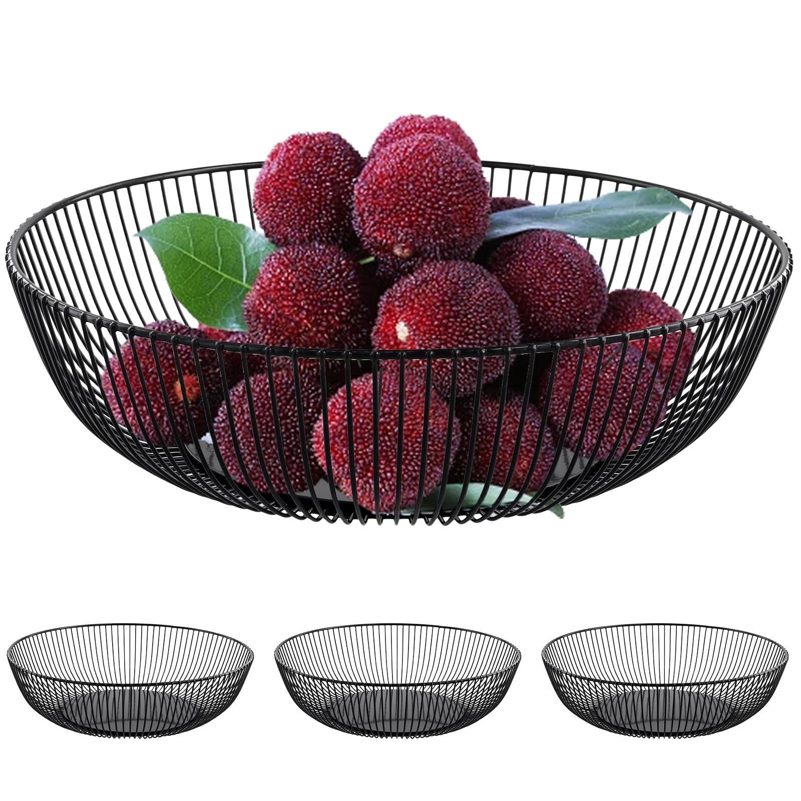 UNGFEI 3 PCS 28x15.5x7.5cm Black Wire Fruit Bowl, Metal Round Wire Basket for Vegetable, Snack, Bread, Fruit