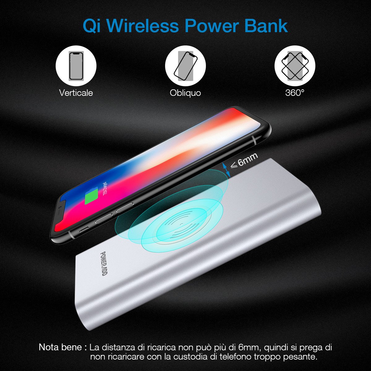POWERADD Caricabatterie Senza Fili 10000mAh Entrata Lightning e Type-C, 2 Uscite con Ricarica Rapida da 3.4A Powerbank Wireless per iPhone X/ 8, Samsung Galaxy S9/ S8/ S7/ Note ecc. Argento
