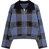 Chevara Women’s Checkered Cardigan Sweater Vintage Lapel Collar Long Sleeve Zip Up Knit Sweatshirt Jacket