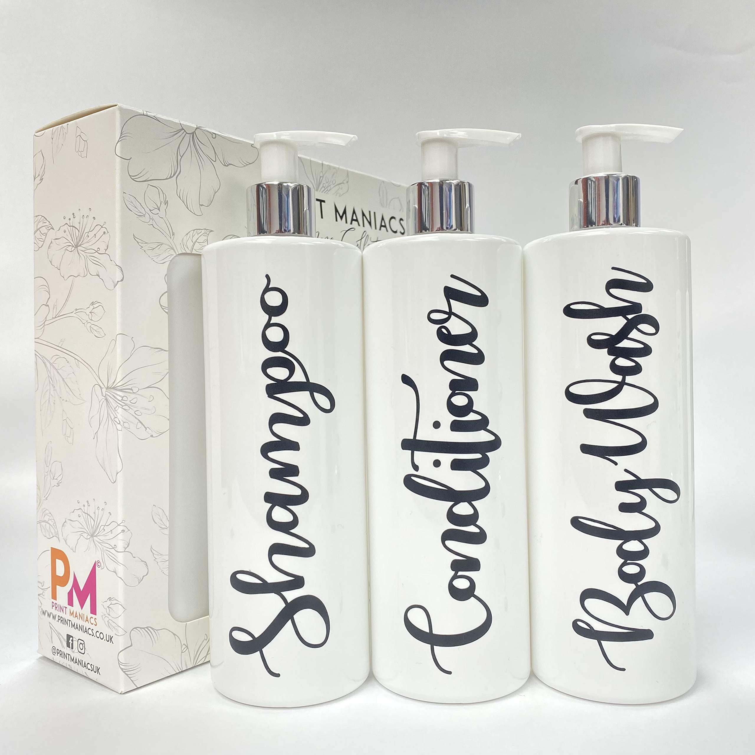 Print Maniacs 3 Set Mrs Hinch Inspired White Personalised Dispenser Pump Bottles Shampoo Conditioner Body Wash (Black)