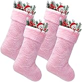 JOVITEC 4 Pieces 20 Inch Christmas Stockings Faux Fur Snowy Christmas Stockings Xmas Fireplace Hanging Stocking Candy Gift Bags for Holiday Decorations (Vivid,Pink)