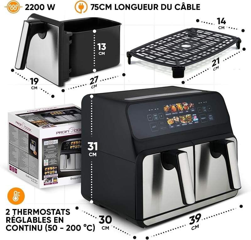 ProfiCook® Friteuse à air chaud | 2 compartiments | 8 litres (2x4 L) | Double compartiment | pas d'huile ni de graisse | Air Fryer | Écran couleur | Double friteuse à air chaud 2200W | PC FR 1287 H