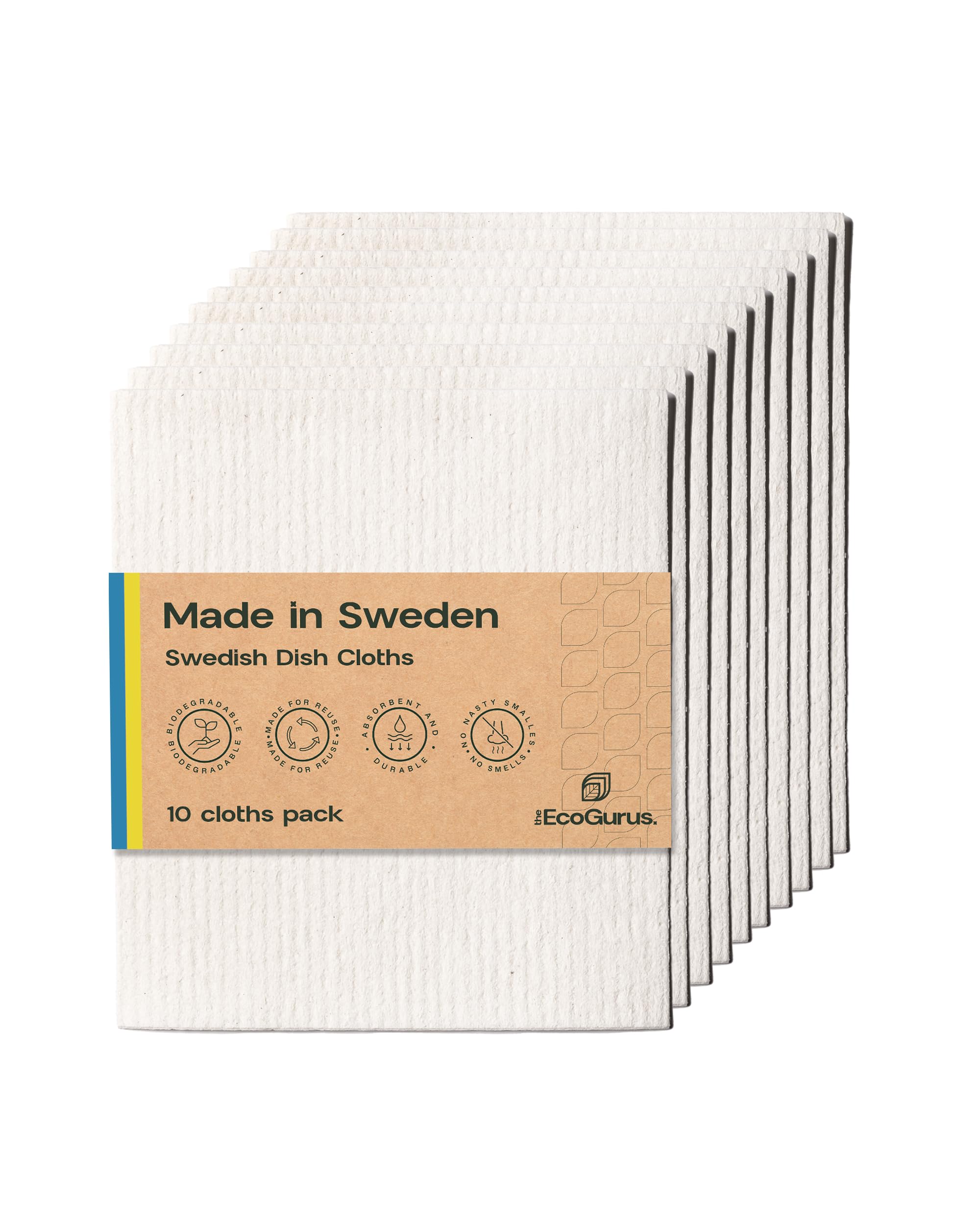 The EcoGurus 10 Pack Odour-Resistant Reusable Cleaning Cloths | Original Swedish Dishcloth | Made in Sweden | Suitable for All Surfaces | Biodegradable Cellulose Sponge | Kitchen & Bathroom | White