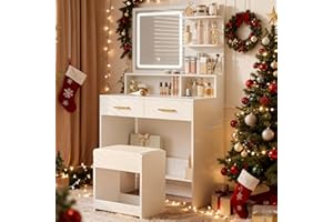 Hzuaneri Vanity Desk with LED Lights, Mirror & Outlet, Makeup Table Set with Stool, Bedroom Dressing Table with 2 Drawers & O