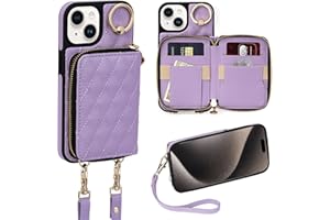 Keallce Case for iPhone 15 6.1'' Wallet Case, Crossbody Zipper Purse with Wrist Strap Lanyard Handbag for Women, RFID Blocking Card Holder, 360°Ring Kickstand Flip Leather Cover for iPhone 15, Purple