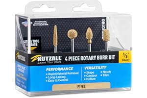 Kutzall 4-Piece Rotary Burr Kit - 1⁄8" Shaft, Fine - Wood Carving Bits for Dremel, Foredom, Ryobi, DeWalt, Milwaukee Tools - 