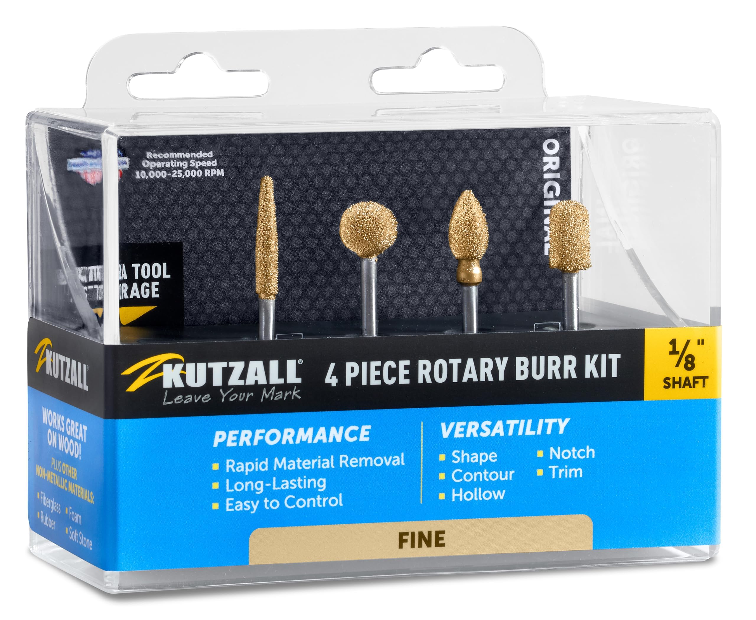 Kutzall 4-Piece Rotary Burr Kit - 1⁄8" Shaft, Fine - Woodworking Attachment for Dremel, Foredom, Ryobi, Milwaukee Tools - Structured Tungsten Carbide (18FKIT01)