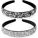 Mxxipp 2Pcs Rhinestone Headbands Crystal Sparkly Jewel Bling Glitter Diamond Headband Wide Padded Hair Bands Hair Accessories, Black + Silver