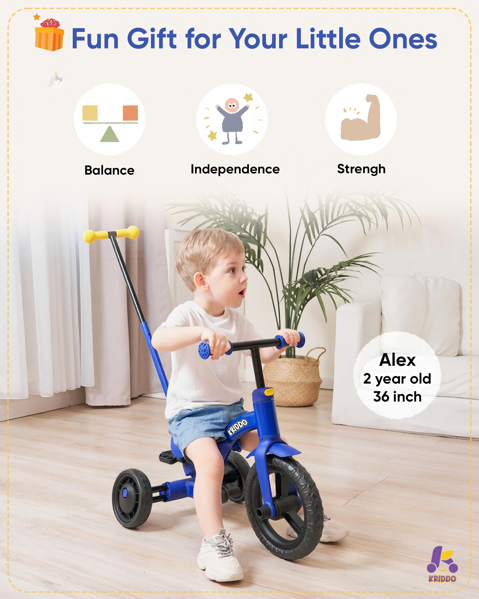 KRIDDO 4-in-1 Kids Tricycle for 1.5 to 3 Yea Old with Parent Steering Push Handle, 12 Inch Front Wheel Trike, Toddler Balance Bike for Boys Girls 18 Months to 3 Years, Adjustable Height, Blue