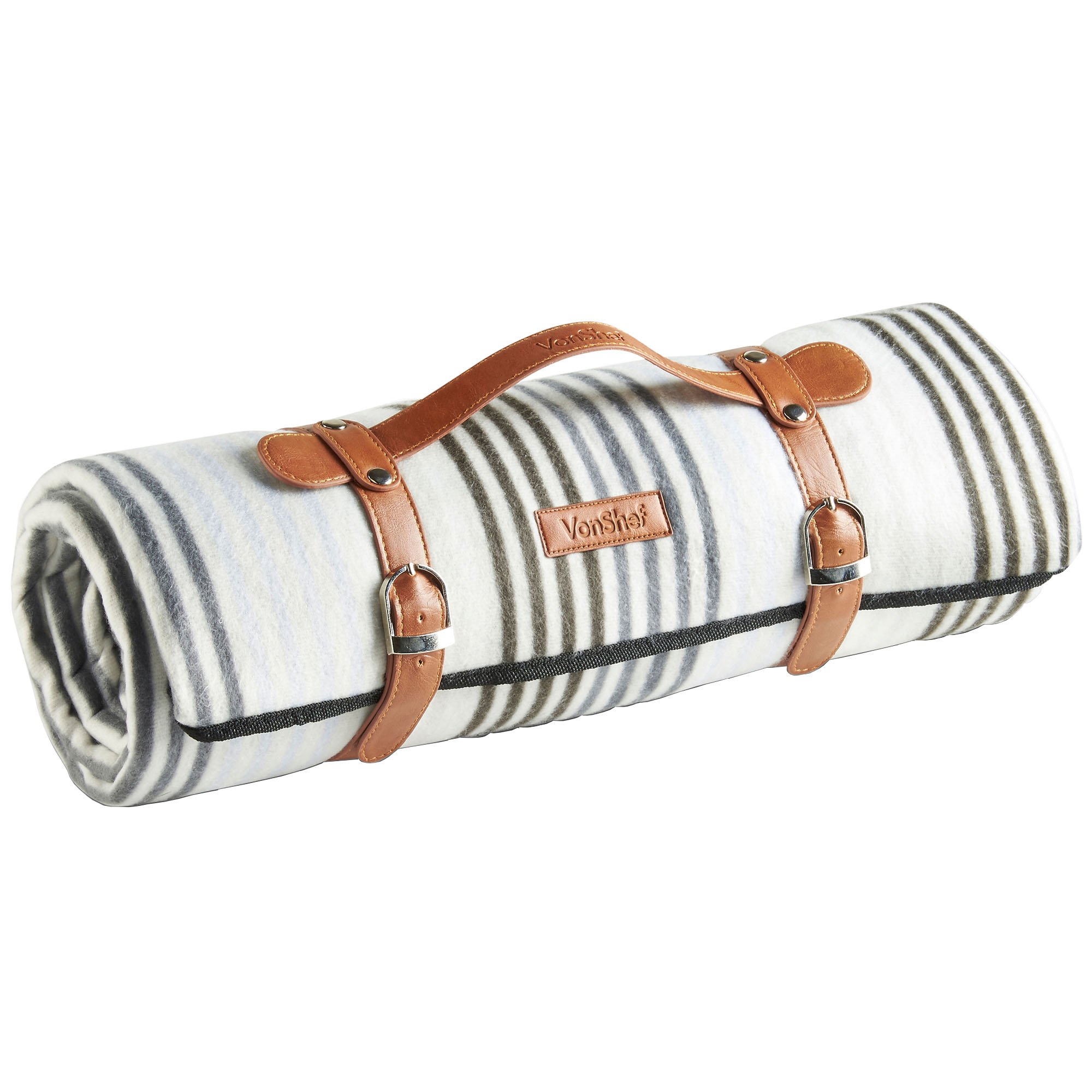 VonShef Picnic Blanket, Striped Large Outdoor Rug with Waterproof Backing, 4 Person Weatherproof Picnic Mat with Faux Leather Handle, Water Resistant Camping Accessories