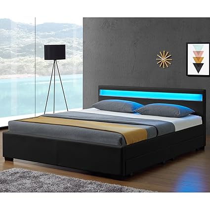 Juskys Polsterbett „Lyon“ – 140 × 200 cm - schwarz – Bettgestell mit Bettkasten, Lattenrost, LED-Beleuchtung & Kunstleder | A