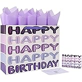 16.5" Extra Large Purple Happy Birthday Gift Bag Set with Handles, Greeting Card, Tissue Papers and Stickers for Women Girls Kids Teens, Words Design, 1 Pcs