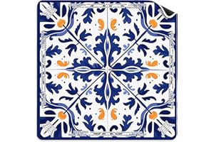 VIIJJUE Mediterranean Blue Mahjong Mat 31.5 x 31.5 in, Vintage Blue and Orange Tile Mahjong Mat for Table, Non-Slip Noise Reduction Game Table Cover for Card Poker Dominoes Dice and Board Games