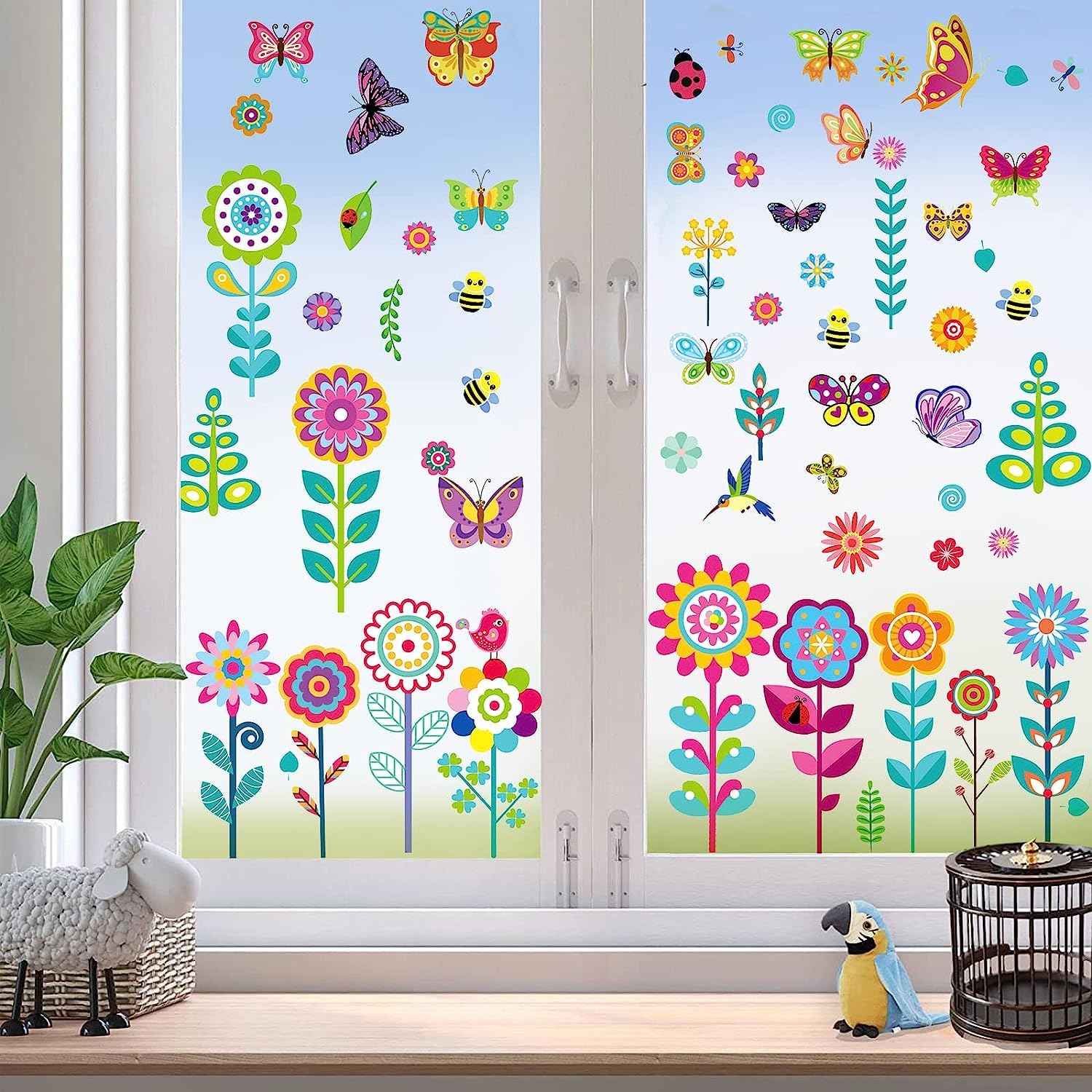 HNTR® Flower Stickers & Butterfly Garden Window Films | 99 Reusable Stickers for Glass | Colourful Spring & Summer Window Clings for Kids’ Rooms, Nurseries & Home Décor