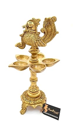 Two Moustaches Brass Peacock Design 5 Oil Wick Diya (Yellow_4 Inch X 4 Inch X 9 Inch)