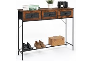 DOVAMY 41.7’’ Console Table with 3 Drawers, Rattan Sofa Table with Storage Shelf, Narrow Entryway Table, Industrial Couch Table for Living Room, Hallway, Bedroom, Rustic Brown CT106V