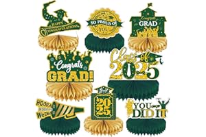 PARTYGARDEN 2025 Graduation Party Decorations - Green Gold Class of 2025 Graduation Party Decorations Honeycomb Centerpieces for Tables Congratulate for 2025 Congrats Grad Party Supplies Favors 8 Pcs