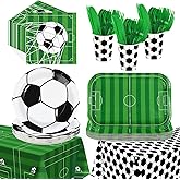 170Pcs Soccer Party Decoration Green Soccer Plates and Napkins Cups, Forks, Tablecloth Sports Theme Party Supplies for Kids Fan Sports Event Game Day Birthday Supplies Serves 24