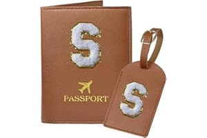 COSHAYSOO Brown Passport Cover Holder and Luggage Tag Set TSA Approved with Initial Chenille Letter Patch A-Z for Women Teenage Girls, Vaccine Card Slot Travel Bag Suitcase Identifier (S)