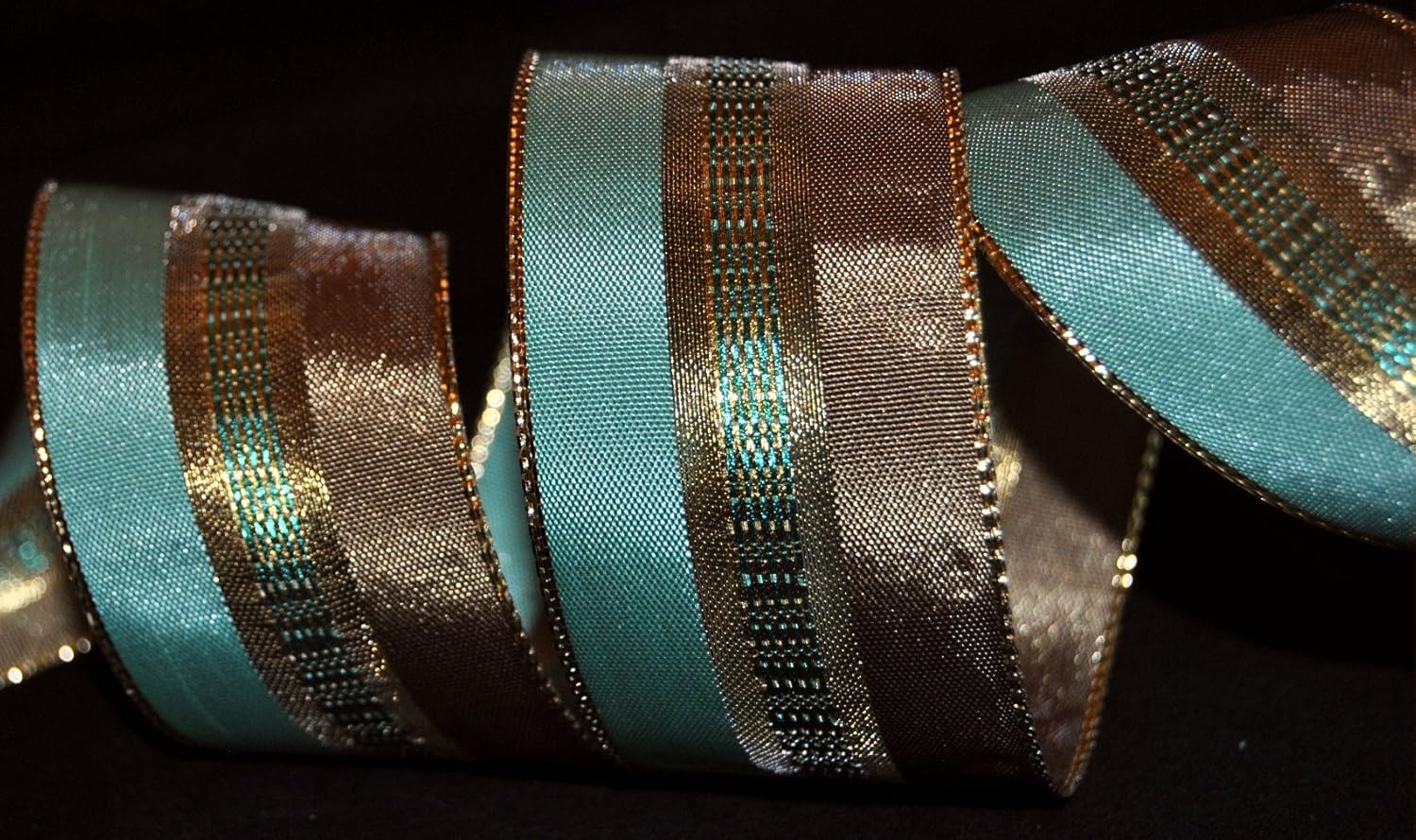 RIBBON QUEEN 3m Evadne Gold Taupe Pale Aqua Taffeta Reversible 1.5