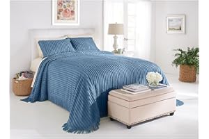 BrylaneHome Oversized Extra Wide Cotton Chenille Bedspread with Fringed Hems - Queen, Antique Blue