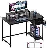 Pamray 39 Inch Computer Desk with Monitor Stand Small Home Office Desks with Non-Woven Storage Drawer for Bedroom Study Table Writing and Work Desk Black