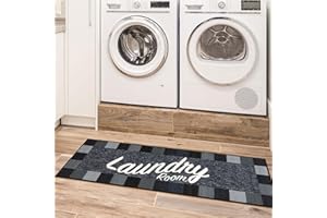 Ottomanson Machine Washable Checkered Border Laundry Room Rug Non-Slip Rubberback 2x5 Laundry Runner Rug for Laundry Room, Bathroom, Washroom, 20" x 59", Black