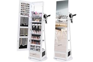 CHARMAID 360° Swivel Jewelry Cabinet Armoire 64.5" H, Full Length Mirror with Jewelry Storage, 6 LEDs Lockable Jewelry Organizer, Rear Storage Shelves, Large Drawer, Hairdryer Holder (White)