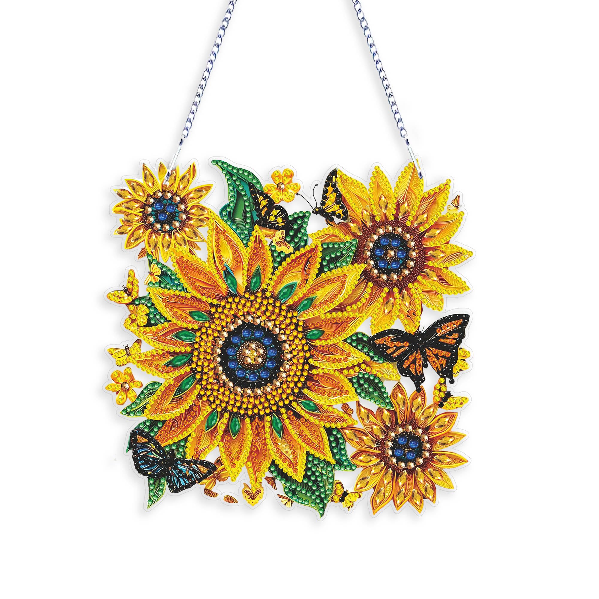 Eiflow DIY Hanging Diamond Painting Sunflower Pendant Kit, 7.4x7.3inch Special Gem Art Kit Ornament, Acrylic Art Board With Chain, Box Package
