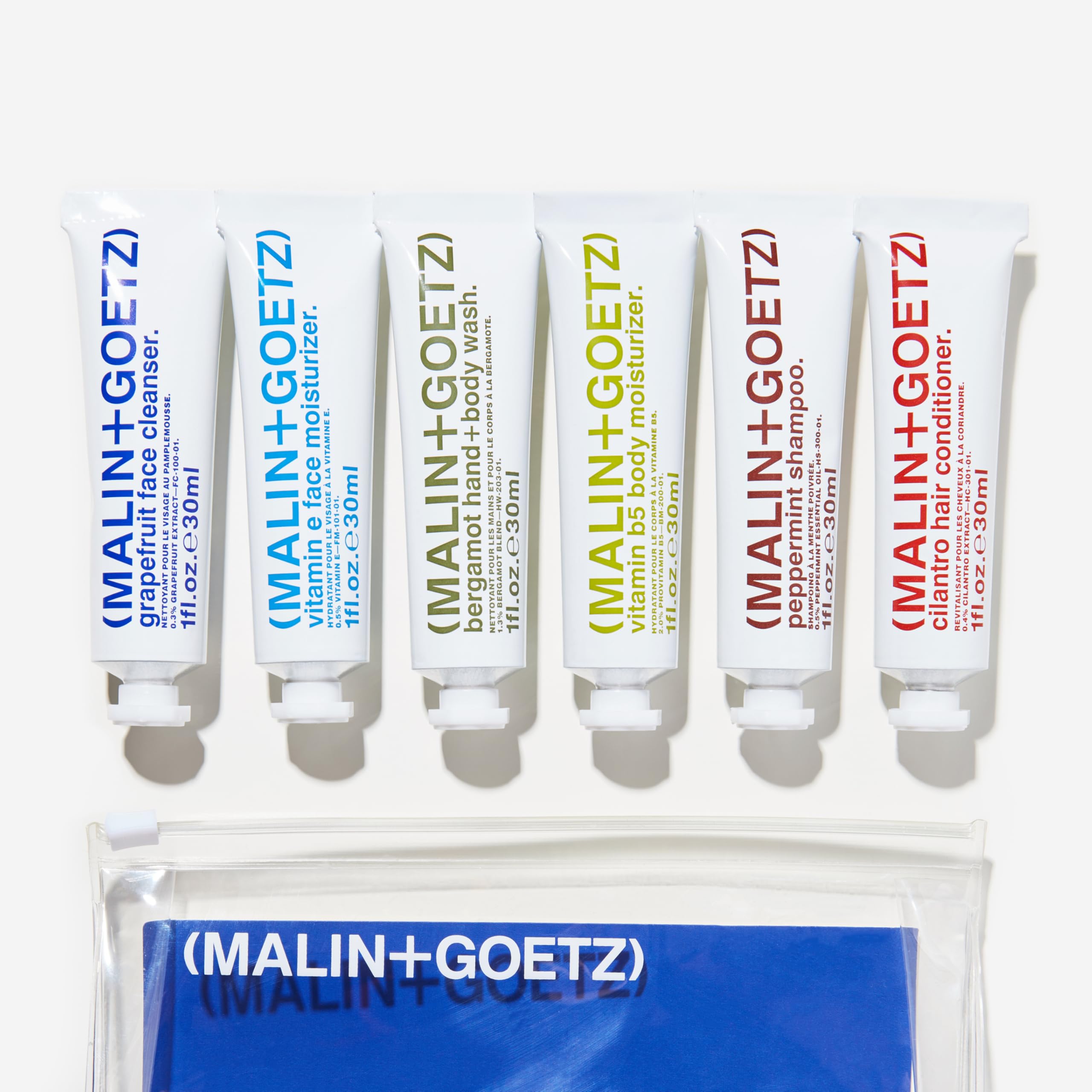 Malin + Goetz Essentials Starter Kit, Set of 6, 1 Fl. Oz. – Face Cleanser, Face Moisturizer, Hand & Body Wash, Body Moisturizer, Hair Shampoo & Conditioner - Travel Size Toiletries
