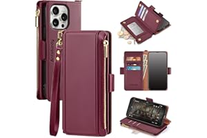 Antsturdy Compatible with iPhone 16 Pro Wallet Case,RFID Blocking PU Leather Phone Case Women Men Kickstand flip Cover Wrist Strap Zipper Credit Card Holder Slots for Apple 16 Pro 6.3",Wine Red